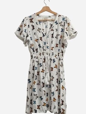 Girls' Monarch Butterfly Print Casual Dress w/ Drawstring & Stretchy Waist Sz L